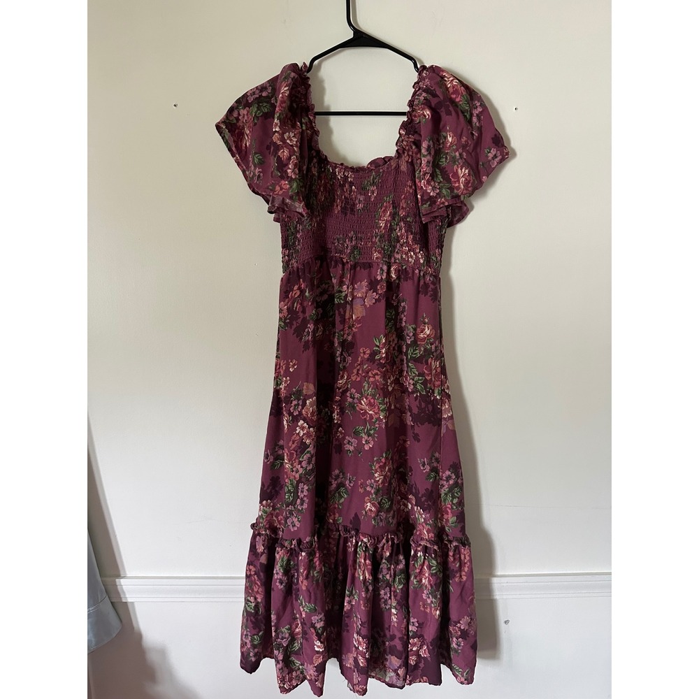 Maurices Plum Floral Smocked Midi Dress Womens XS Cottagecore Ruffle Tiered - Picture 2 of 4